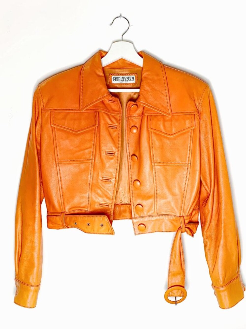 Women's Orange Leather Cropped Jacket